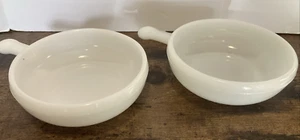 Vintage Glasbake White Milk Glass Bowls with Handle Set Of 2 Soup / Chili Bowls - Picture 1 of 9