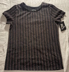 Girls Youth Size XL (14/16) Art Class Shiny Black Striped Short Sleeved Top NWT - Picture 1 of 7