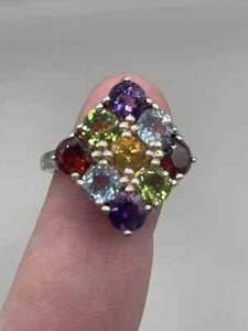 Sterling Silver Ring Size 7.5 Amethyst, Citrine, Peridot, Topaz, Garnet #282 - Picture 1 of 4