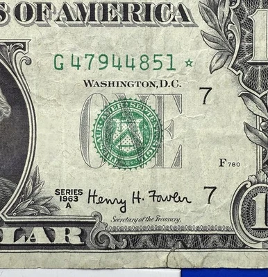 1963 A Star Note Error Replacement $1 One Dollar Bill Vintage Currency Note. - Image 1 of 3