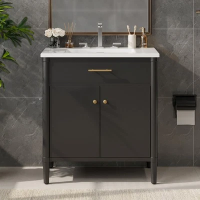 Bathroom Vanity with Sink Soft-Close Doors Adjustable Shelves Curved Design - Image 1 of 4