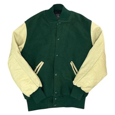 Vintage Holloway Varsity Jacket Snap Leather Sleeve 90s USA Green Mens Medium - Imagem 1 de 4