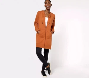 Denim Co Active French Terry Hdd ZipFront Tunic Jacket-Brown-Petite Med-A606203 - Picture 1 of 2