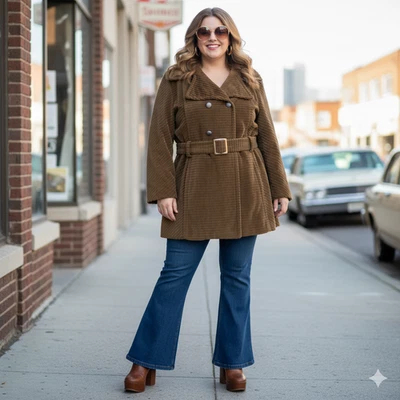 Abrigo de Pana Vintage Sears Plus 1X Chaquetón Marrón Doble Pecho Arco Iris Granero Mod Foto 1 de 4