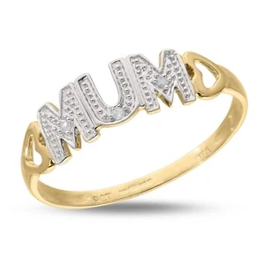 9ct Yellow Gold Ring, Diamond Set MUM RING Heart Shoulders, Gift for Mum's, - Picture 1 of 4