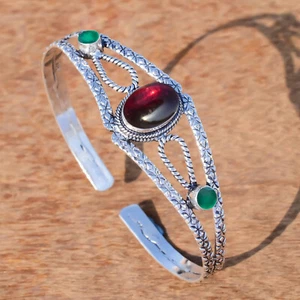 Mozambique Garnet & Green Onyx Gemstone 925 Sterling Silver Casual Bangle Cuff - Picture 1 of 5
