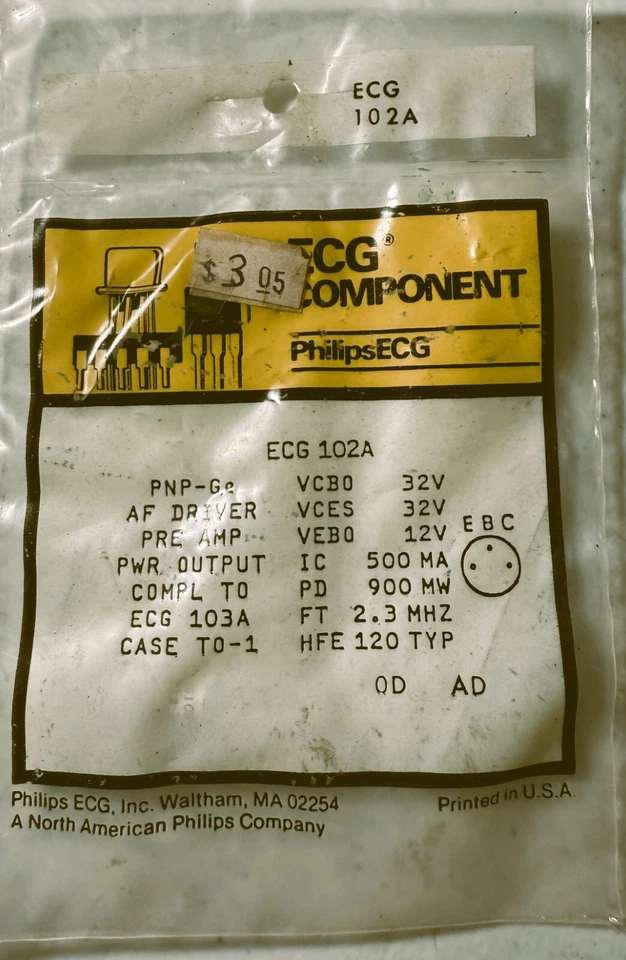 ECG102A PNP,  Germanium Transistor, Medium Power Amp - Image 1 of 1