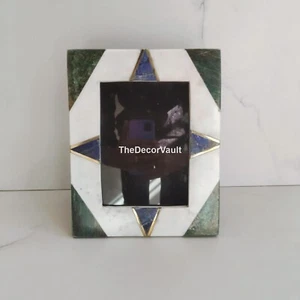 Marble Inlay Photo Frame | Handmade 7x5” with Lapis Lazuli, Green Stone & Brass - Picture 1 of 2