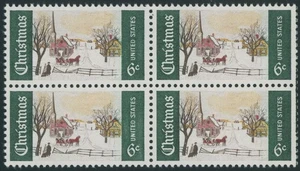 1969, USA CHRISTMAS, WINTER SUNDAY, 6C, GREEN OMITTED, BLOCK OF 4, NH SC.#1384c - Picture 1 of 2