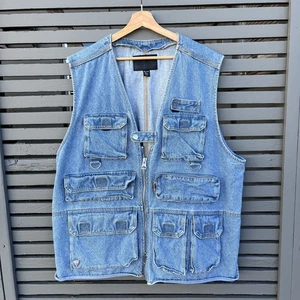 Vtg 90s Guess Jeans Sleeveless Zip Up Denim Jacket Vest Mens XXL Multi Pockets - Picture 1 of 4