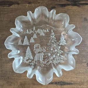 Vintage Christmas Candy Dish Clear And Frosted Glass Ruffled Edge Platter Bowl - Bild 1 von 6