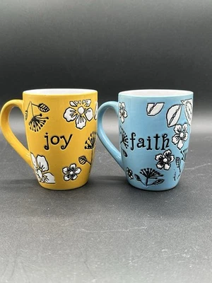 Yellow "JOY" and Blue "FAITH" Floral Ceramic Coffee Mugs by Christian Art - Image 1 of 4
