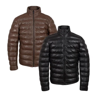 Men's Black Leather Puffer Vest Genuine Lambskin Leather Quilted Padded Vest - Image 1 of 4