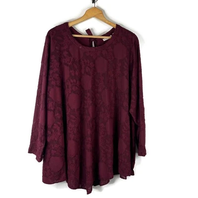 Susan Graver Womens Tunic Top Size 4XP Maroon Floral Lace Back Tie Burnout - Image 1 of 4