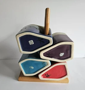 Vintage Rodolfo Padilla blau Tropfglasur Becher 4er Set signiert mit Holzständer - Bild 1 von 12