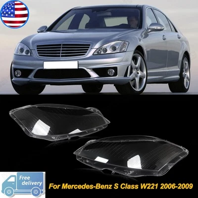 Pair For 2006-2009 Mercedes-Benz W221 S-Class Front Headlight Lens Covers Clear - Image 1 of 4