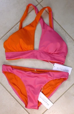 Seafolly Bikini 10 Rio Hot Pink Colour Block Cross Front Tank Top & Hipster Pant - Image 1 of 4