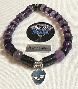 GOTHIC BLACK OBSIDIAN AND AMETHYST 925 STERLING SILVER SKULL BRACELET - Picture 1 of 7