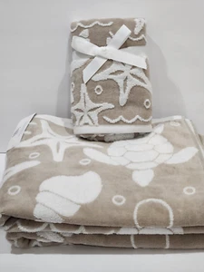 4pc Coastal Ocean Shores Turtle Starfish Beige Soft Hand Bath Towels Set - Picture 1 of 6