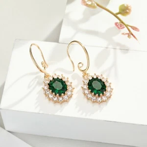 Vintage Design Gold Filled Emerald Green Zirconia Beautiful Dangle Earring - Picture 1 of 4