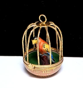 Limoges Peint Main PARROT IN CAGE TRINKET BOX France 2 5/8" Ornament Excellent! - Picture 1 of 8