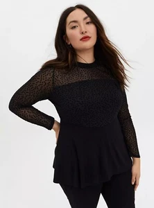 Torrid (0X) 12/ L Black Star Mesh & Premium Ponte Peplum Top Long Sleeve Sheer - Picture 1 of 6