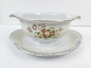 Kikusui China Blue Border Trim Floral Gravy Boat attached Base Made In Japan - Picture 1 of 9
