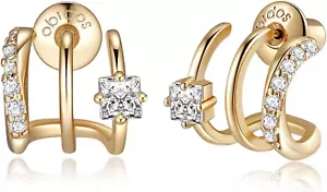 14K Gold Plated Triple Huggie Illusion Stud Earrings | Double Huggie Hoop Earrin - Picture 1 of 12