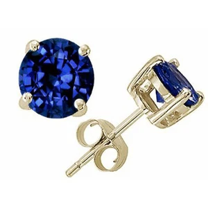 1.00 CT 5mm14K YELLOW GOLD BLUE SAPPHIRE ROUND CUT STUD PUSH BACK EARRINGS - Picture 1 of 1