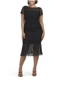 Kay Unger Tatum schwarz Spitze Kurzarm Midi Cocktailkleid Damengröße 8 neu mit Etikett - Bild 1 von 24