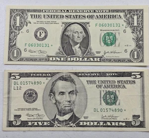2pcs 2003 STAR NOTE $1 & $5 DOLLARS  #BKAL - Picture 1 of 7