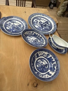 Johnson Bros Brothers Churchill Willow Blue White Dinnerware 6 Pieces Set - Picture 1 of 15