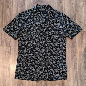 Allsaints Scribble Shirt Mens Black Viscose SS Camp Collar Button Up - XS EUC - Picture 1 of 9