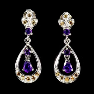 925 Sterling Silver Earrings Pear Amethyst 6x4mm Sapphire Gemstone Jewelry - Picture 1 of 14