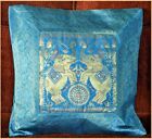 Brocade Silk Pillow Cover in Turquoise Blue Color with Gold Color from India