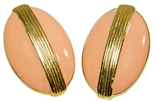 Orecchini Vintage Smalto Rosa Tono Oro Stile Decò Clip Ovali - Foto 1 di 3
