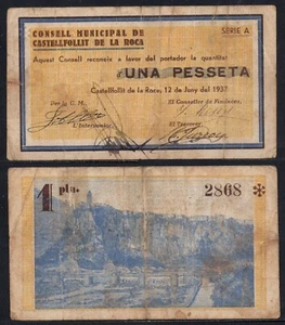 Spain Castellfollit de La Rock / 1 Peseta/12 Of June Del 1937 MBC / VF Bi - Picture 1 of 1