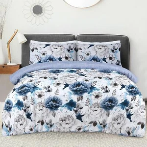 Sleepdown Inky Floral Blue Duvet Set Quilt Cover Reversible Polycotton Bedding