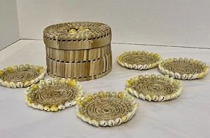 VTG Sigay Shell and Pandan Fiber Coaster Set - 6 Coasters and Storage Box - Picture 1 of 5