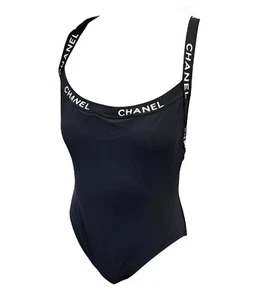 CHANEL Vintage CC Logo Swimwear Swimsuits #38 One-piece Nylon Black White - Picture 1 of 11