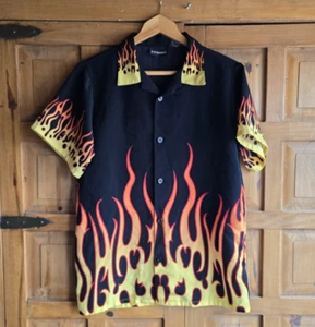 No Boundaries Shirt Black Red Yellow Flames Button Up Size XL 16/18 Short Sleeve - Picture 1 of 7