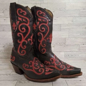 Damen-Cowboystiefel Tony Lama rot eingelegt Western schwarz Leder Rodeo Größe 7 - Bild 1 von 9