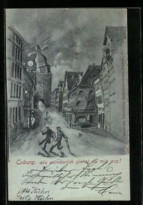 Lithographie Coburg, Strassenpartie aus Sicht eines Betrunkenen 1898 - Bild 1 von 2