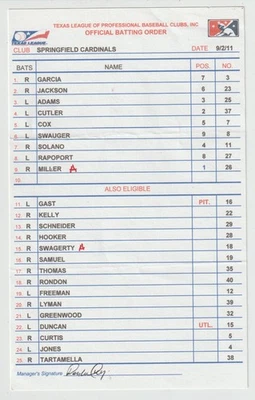 Tarjeta de alineación usada del juego 9-2-11 Springfield Cardinals - Matt Adams & Shelby Miller Foto 1 de 2