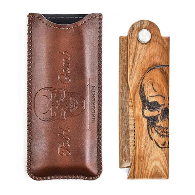 Men'S Pocket Folding Wooden Beard Comb with Leather  Case,Green Sandalwood Hair  - Image 1 of 4