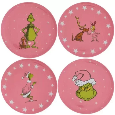 Christmas Pink Dr. Seuss The Grinch Mischievous Melamine 8" Plates Set of 4 - Image 1 of 3