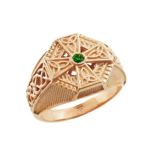 Rose Gold Celtic Cross Green CZ Emerald Isle Men's Ring