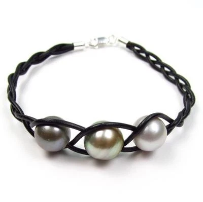 7.5" 11-12mm Multi-color Tahitian Pearl Braided Genuine Leather Cord Bracelet - Image 1 of 2