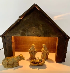 Hand Made Wood Nativity Set Inside Light Vintage from 60's 5 Piece Gold Figures - Picture 1 of 7