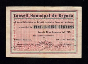 F.C. BEGUDA (GERONA) , 25 CENTIMOS 1937 , SERIE A , MBC- . - Picture 1 of 2